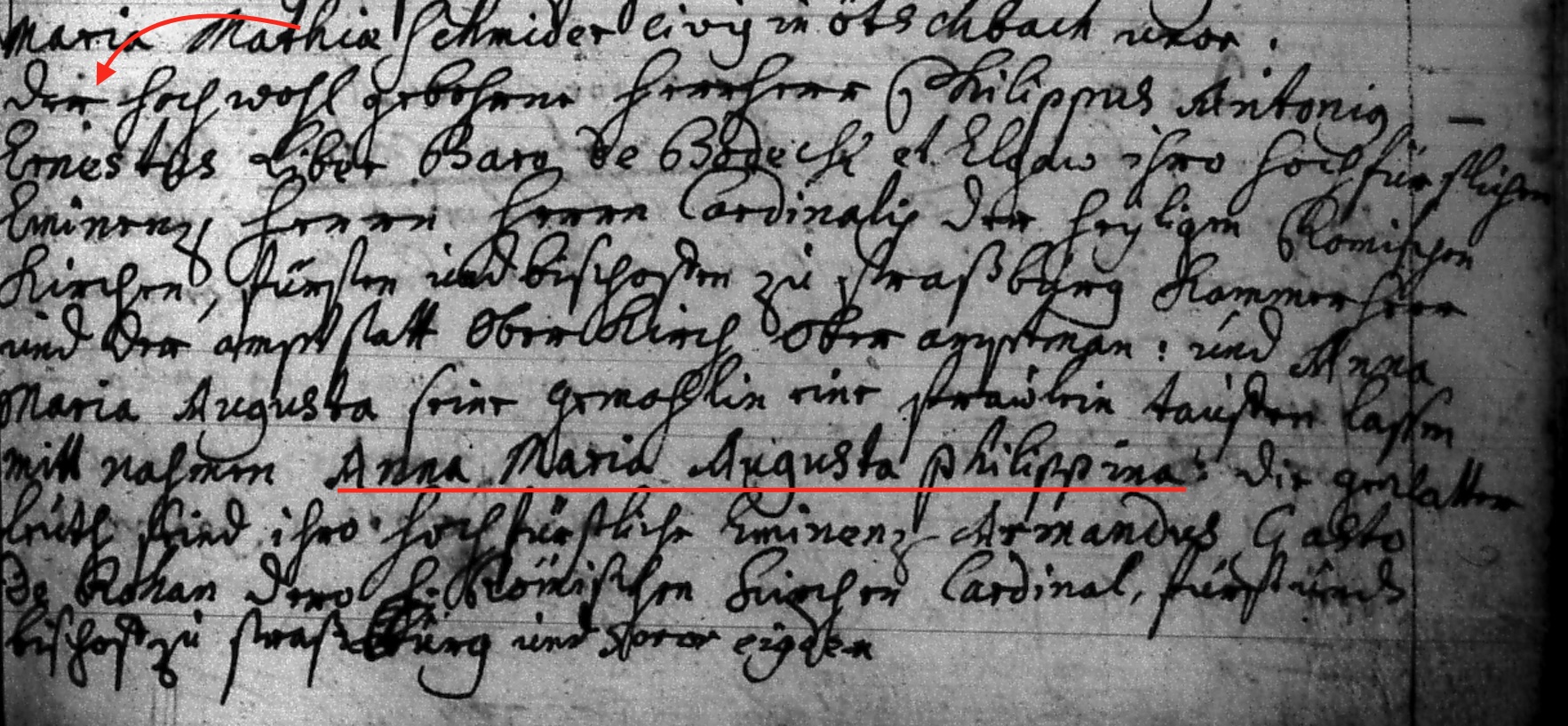 Taufeintrag Anna Maria Augusta Philippina von Bodeck zu Ellgau, Oberkirch 1717