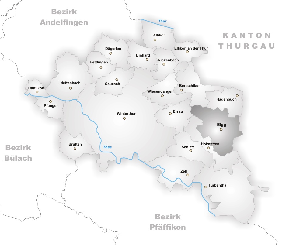 Geographische Lage des historischen Herrschaftsraums Ellgau (heute Elgg) im oberen Eulachtal