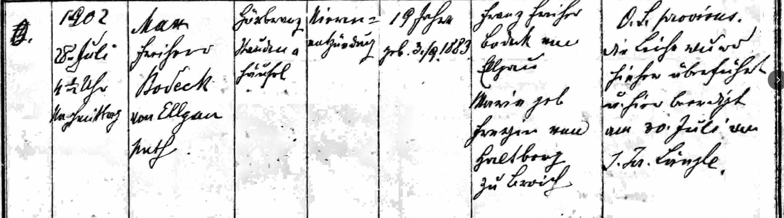 Kirchenbuch-Sterbeeintrag zu Maximilian Freiherr Bodeck von Ellgau, 1902