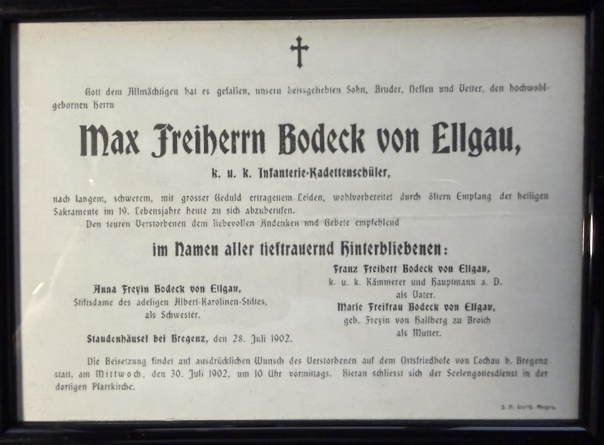 Todesanzeige Maximilian Freiherr Bodeck von Ellgau, 1902