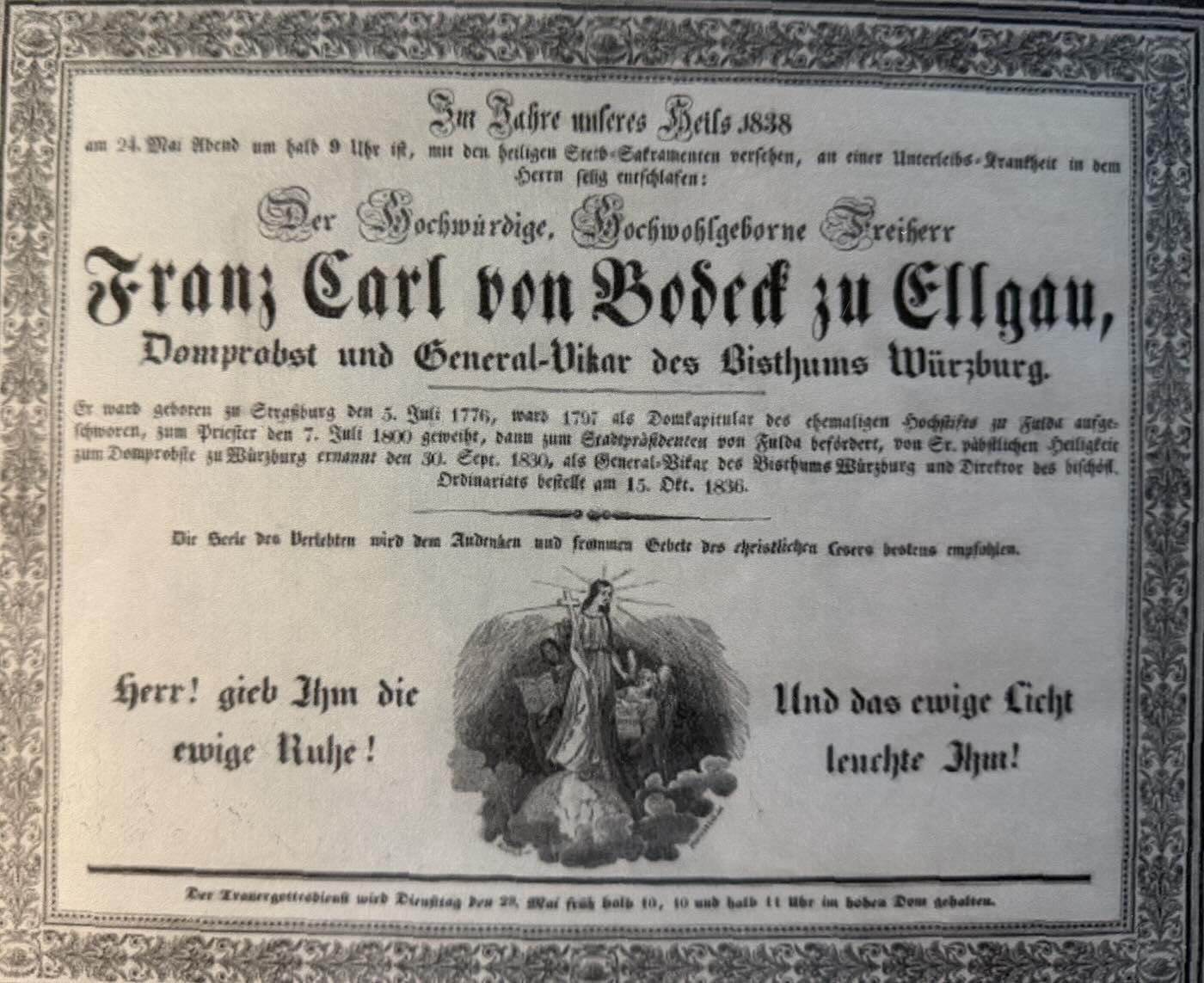 Todesanzeige für Domprobst Friedrich Carl Maria von Bodeck zu Ellgau, Würzburg 1838