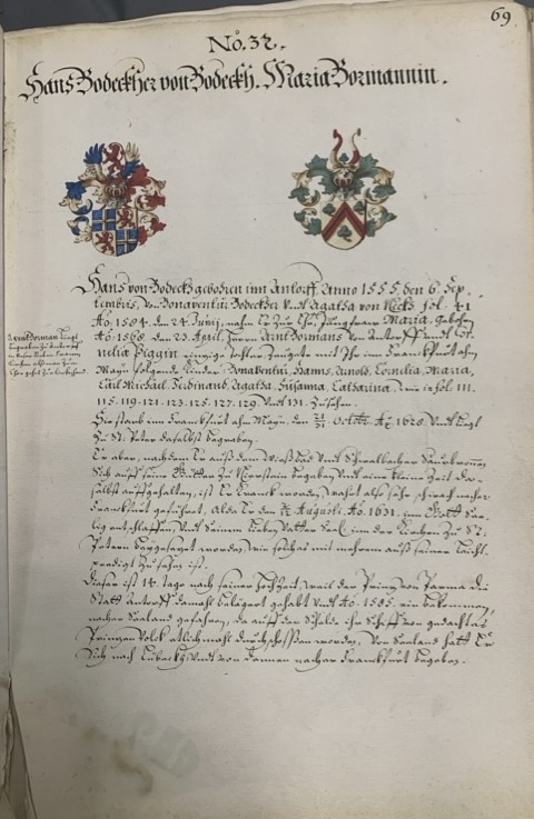 Stammregister der Familie von Bodeck, Den Haag: Eintrag zu Johann von Bodeck und Maria Bormann (um 1680)