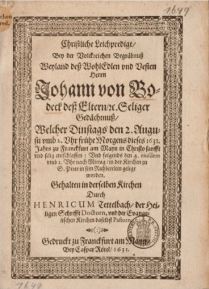 Titelblatt der Leichenpredigt Johann von Bodeck (Frankfurt 1631)
