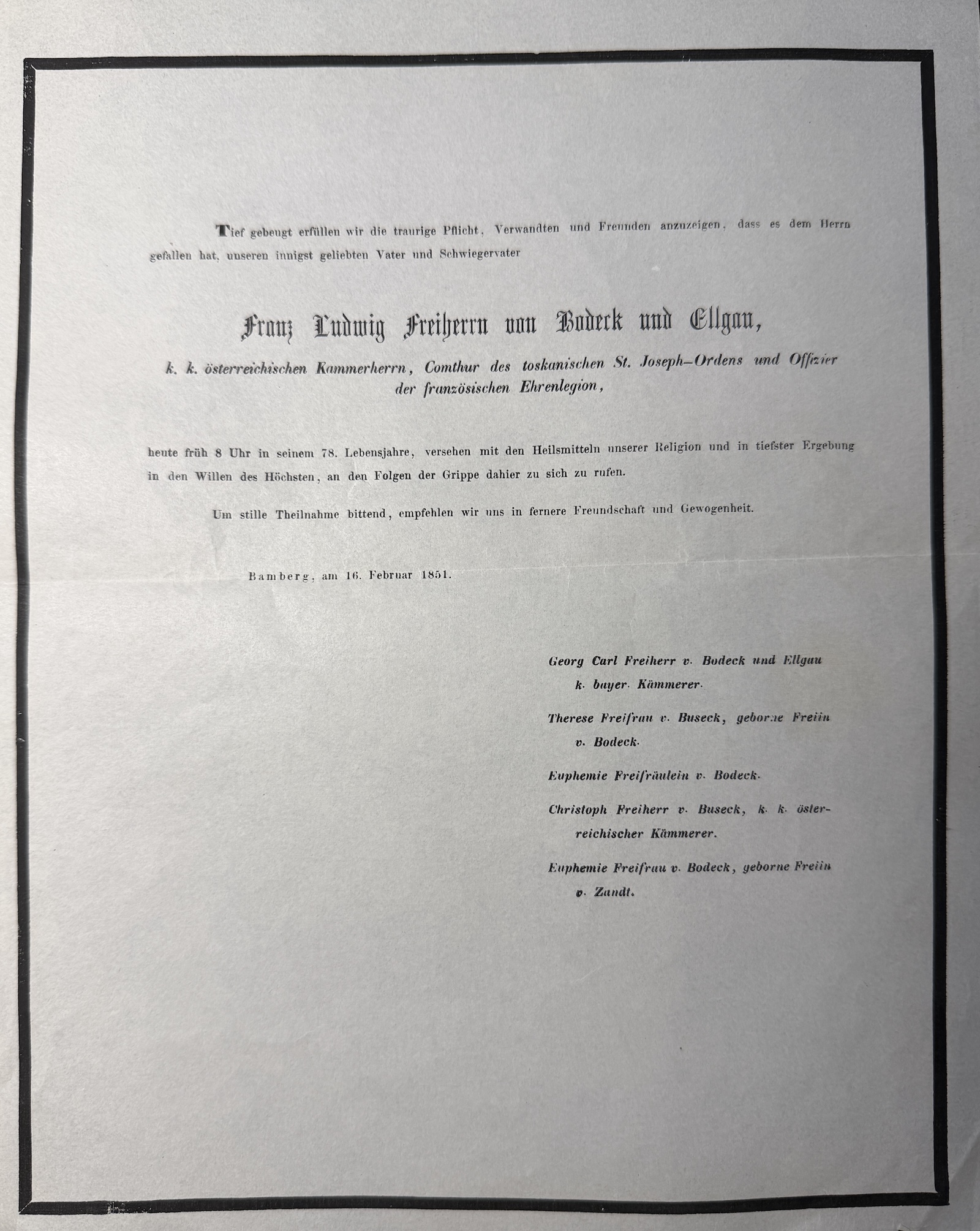 Original-Todesanzeige Franz Ludwig Freiherr von Bodeck und Ellgau, Bamberg 1851